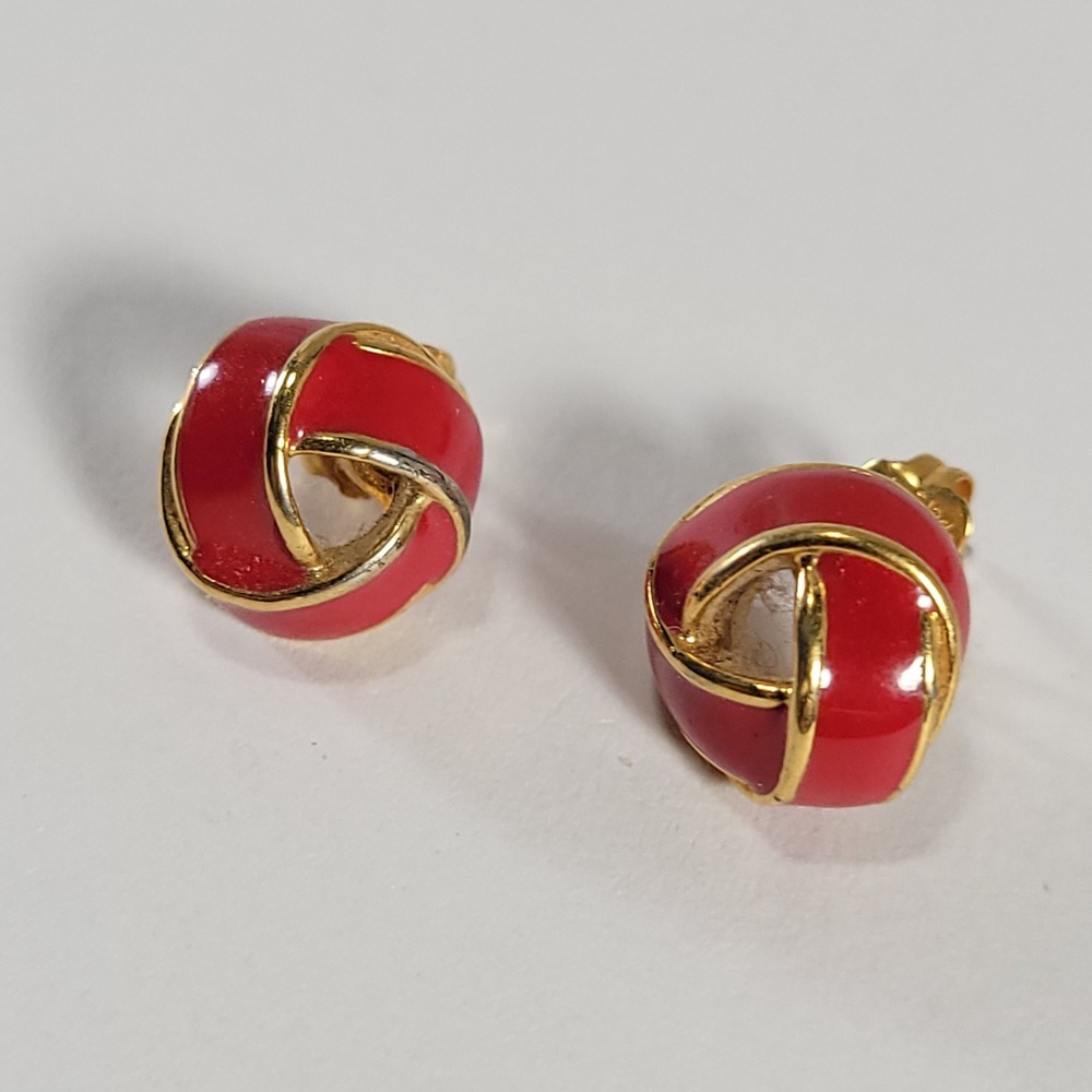 Enamel Knot Stud Earrings Women OS Red Gold Tone Round Costume Love Knot 3502